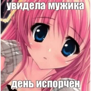 ☠️ увидела мужика
день испорчен Anime-Mädchen, Rosa Haare, Text, Russisch, Meme, Reaktion telegram sticker