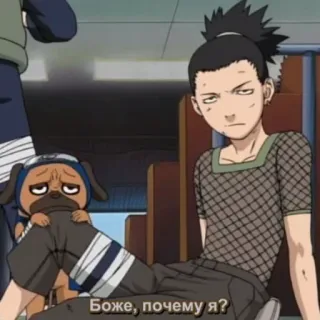 😐 Shikamaru Nara Naruto Боже, почему я? アニメ, 犬, キャラクター, 奈良シカマル, 退屈, ナルト, ロシア語, テキスト telegram sticker