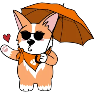 😘 cane, corgi, animale, occhiali da sole, ombrello, arancione, cartone animato telegram sticker
