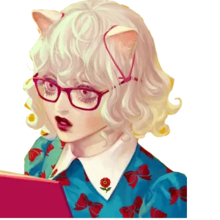 🤓 fille anime, oreilles de chat, lunettes, mignon, nœud rouge, femme, portrait telegram sticker