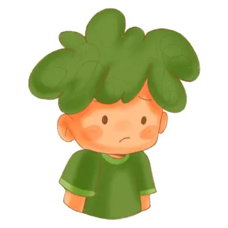 😞 sedih, anak laki-laki, kartun, rambut hijau, kulit oranye, ilustrasi, imut whatsapp sticker