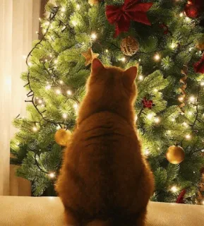 🤩 cat, christmas tree, christmas, holiday, festive, domestic animal, lights telegram sticker