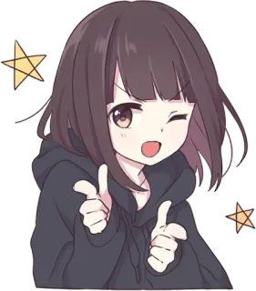 😉 animé, fille, mignon, clin d'œil, étoiles, pouce levé whatsapp sticker