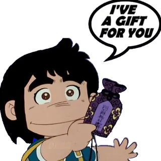🎁 I'VE A GIFT FOR YOU gift, anime, cartoon, message, black hair, speaking bubble telegram sticker