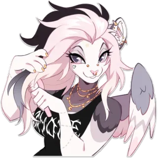 🪮 furry, anthro, cat, winged, emo, goth, brushing hair, pink hair, cartoon whatsapp sticker