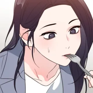 😅 femme, manger, fourchette, nourriture, dessin animé, portrait, personne, anime whatsapp sticker