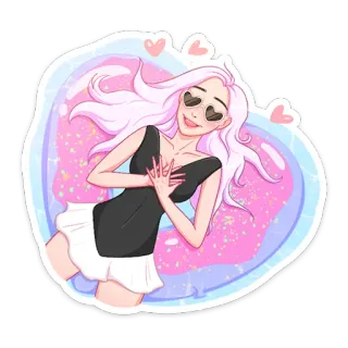 ❤️ Мультфильм, Женщина, Розовые волосы, Сердечки, Иллюстрация, Наклейка telegram sticker