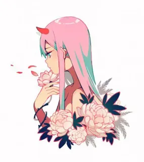 😂 Zero Two Darling in the Franxx Anime, Cheveux roses, Cornes, Fleurs, Fille, Zero Two, Darling in the Franxx whatsapp sticker