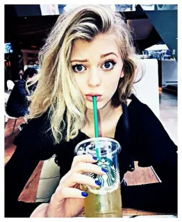 🥀 phụ nữ, tóc vàng, Starbucks, uống, chân dung, ống hút telegram sticker