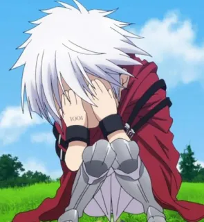 🎴 1001 anime, sad, character, white hair, red cloak telegram sticker