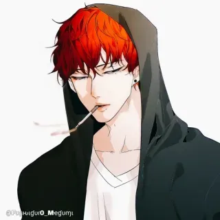 🚬 Anime, Pelo rojo, Fumando, Sudadera con capucha, Hombre, Cigarrillo, Pendientes whatsapp sticker