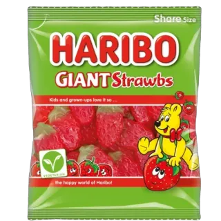 🫥 Share Size HARIBO GIANT Strawbs Kids and grown-ups love it so... VEGETARIAN the happy world of Haribo! haribo, strawbs, candy, sweets, food, vegetarian, strawberry telegram sticker