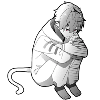 🎩 anime, boy, cat, cat tail, sitting, white, red eyes, emo telegram sticker
