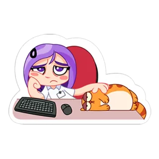 🙁 kartun, kucing, kantor, stiker, keyboard, mouse, gadis telegram sticker