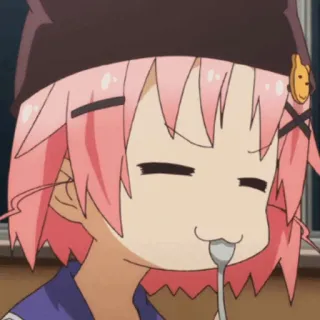 🎀 Anime, Essen, niedlich, pinke Haare, Löffel, Cartoon telegram sticker