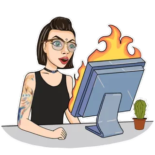 🔥 woman, computer, fire, surprised, office, cactus, glasses, tattoo telegram sticker