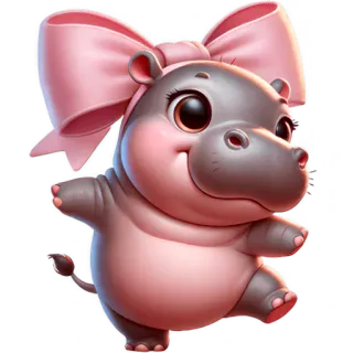 💃 hipopotam, zwierzę, słodki, kreskówka, różowy, kokarda, ssak, uroczy telegram sticker