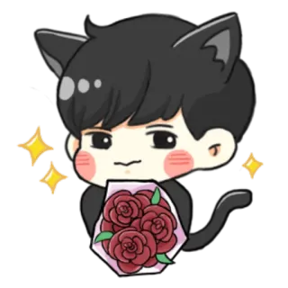 🌸 котомальчик, аниме, розы, букет, чиби, милый telegram sticker
