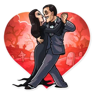 🕺 Gomez Addams and Morticia Addams The Addams Family addams, familia, amor, gótico, romántico, baile telegram sticker