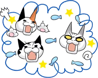 😾 gato, gatito, gracioso, dibujo animado, animal, lindo, nube, pez, estrellas whatsapp sticker