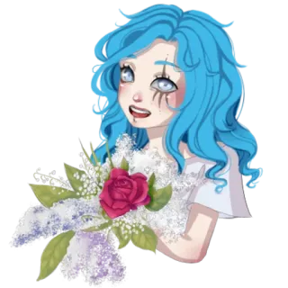 🌹 meisje, blauw haar, roos, boeket, personage, digitale kunst telegram sticker