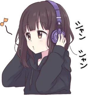 🎵 シャンシャン Anime, Fille, Casque, Musique, Mignon whatsapp sticker