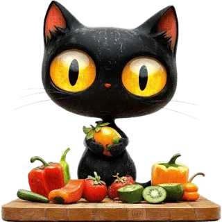 🥦 kot, czarny kot, warzywa, gotowanie, słodki, zwierzę, jedzenie, owoce whatsapp sticker