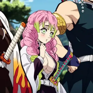 💕 Mitsuri Kanroji Demon Slayer Аниме, Клинок, рассекающий демонов, Мицури Канроджи, розовые волосы, зеленые волосы, меч, Вайфу telegram sticker