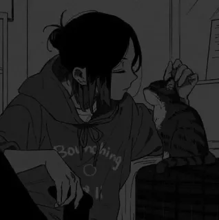 🖤 Bouncing Anime, Meisje, Kat, Huisdier, Hoodie, Schattig, Monochroom, Zittend telegram sticker