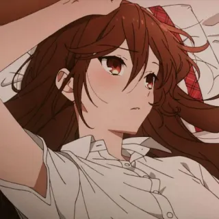 🎟 chica anime, acostada, pelo castaño, ojos rojos, anime, chica telegram sticker