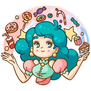 🍬 doces, guloseimas, fofo, desenho animado, menina, sobremesa, donut, pirulito, bolo telegram sticker