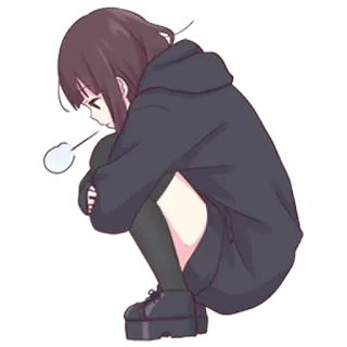 😕 Anime, Fille, Accroupie, Sweat à capuche, Triste, Kawaii telegram sticker