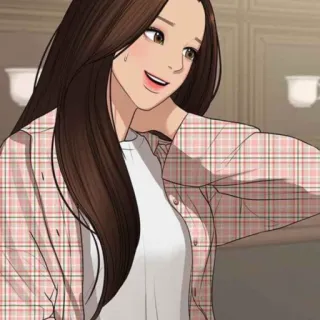 🛍 Cartoon, Mädchen, Lächeln, Fröhlich, Lange Haare, Karoshirt telegram sticker