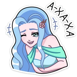 😃 AXAXAXA мультфильм, женщина, голубые волосы, цветок, милый, эмоциональный, веселый, смеющийся telegram sticker