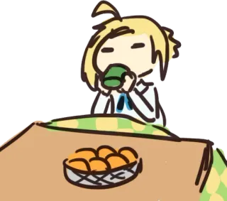 🍪 Anime, Cartone animato, Cibo, Tavolo, Bevanda, Seduto, Personaggio telegram sticker