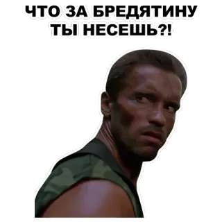 🙉 Arnold Schwarzenegger ЧТО ЗА БРЕДЯТИНУ ТЫ НЕСЕШЬ?! Arnold Schwarzenegger, cytat filmowy, Rosyjski, aktor, Commando, śmieszne, Meme telegram sticker