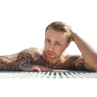 💋 homem, tatuagem, sem camisa, piscina, loiro telegram sticker