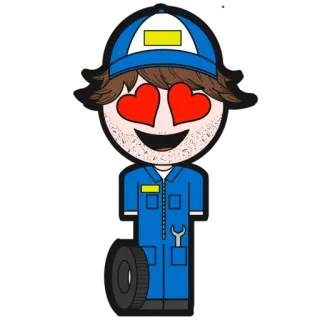 😍 mecânico, desenho animado, personagem, amor, olhos de coração, pneu, chave inglesa telegram sticker