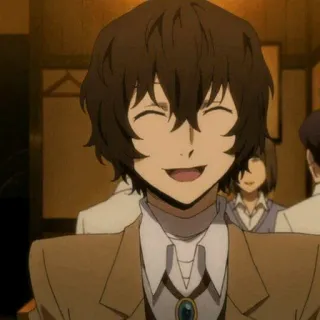 😄 Osamu Dazai Bungou Stray Dogs anime, manga, sonriendo, pelo castaño, feliz whatsapp sticker