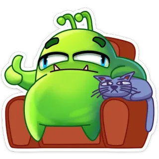 👍 monstruo verde, gato, dibujo animado, pegatina, sentado, sofá, relajado telegram sticker