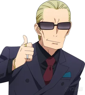 👍 anime, personagem, homem, polegar para cima, terno, óculos de sol telegram sticker