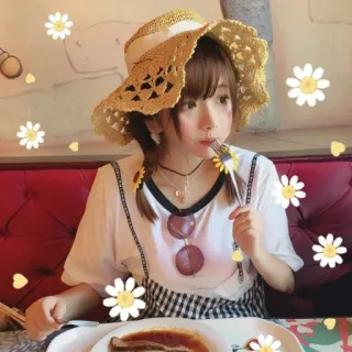 🧡 chica, comiendo, sombrero, margarita, restaurante, lindo telegram sticker