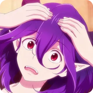 😳 animé, effrayé, cheveux violets, démon, yeux rouges telegram sticker