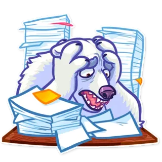 😫 oso polar, papeleo, estrés, frustración, escritorio, oficina, animal whatsapp sticker