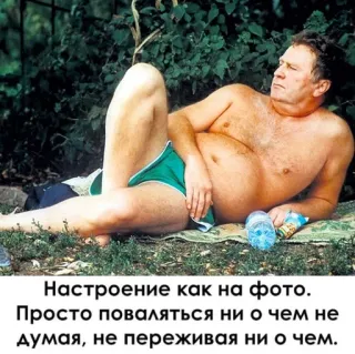 🌟 Настроение как на фото.
Просто поваляться ни о чем не
думая, не переживая ни о чем. man, shirtless, relaxing, nature, russian, mood, photo whatsapp sticker