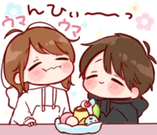 🏄‍♀ んひぃ〜〜っ lindo, anime, manga, postre, pareja, kawaii, comiendo, feliz whatsapp sticker