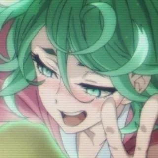 📎 anime, dibujos animados, chica, pelo verde, sonriendo, signo de la paz telegram sticker