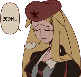 😔 SIGH... suspiro, anime, estrella roja, boina, mujer, dibujo animado, triste whatsapp sticker