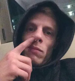 👆 uomo, felpa con cappuccio, piercing, piercing al setto, dito, persona, ritratto, selfie telegram sticker