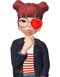 😍 desenho animado, cabelo ruivo, coração, pirulito, jaqueta jeans, camisa listrada, avatar digital, fofo, garota telegram sticker
